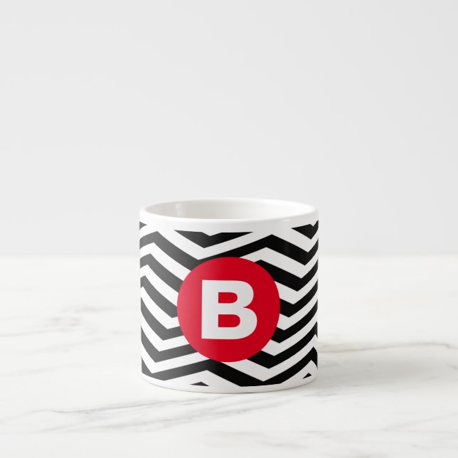Xícara De Espresso Black and White Zig Zag Pattern Red Monogram (Frente)