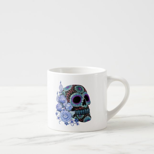 Xícara De Espresso Blue Floral Black Sugar Skull Day Of The Dead (Direita)