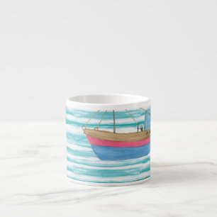 Xícara De Espresso Boats Stripes: Padrão De Pintura Por Aquarela.