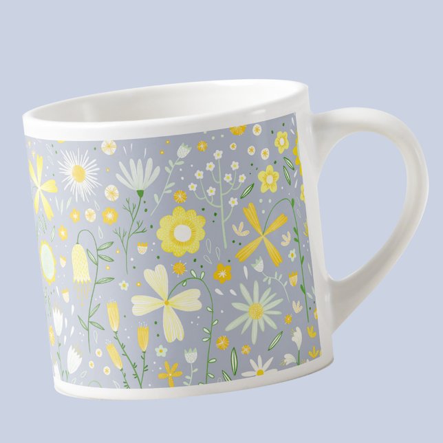 Xícara De Espresso Bonito Azul Botânico Flor Floral (Blue and yellow floral espresso cup)