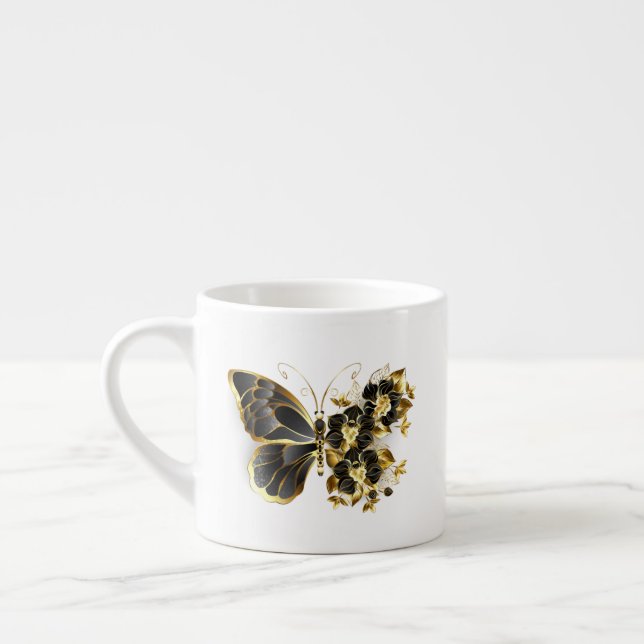 Xícara De Espresso Borboleta Flor Dourada com Orquídea Preta (Esquerda)