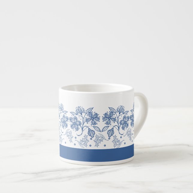 Xícara De Espresso Borda Floral Azul do Indigo Personalizada Espresso (Frente Esquerda)