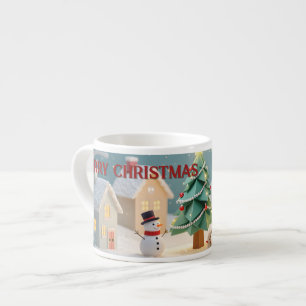 Xícara De Espresso Cena de árvore de Natal e bonecos de neve festivos