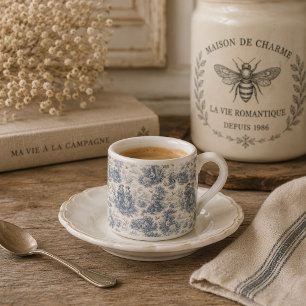 Xícara De Espresso Cena Pastoral Francesa Romântica em Azul Empoeirad