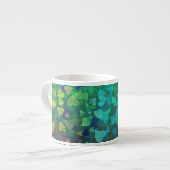 Xícara De Espresso Corações Caindo Vermelho e Verde (Frente Esquerda)