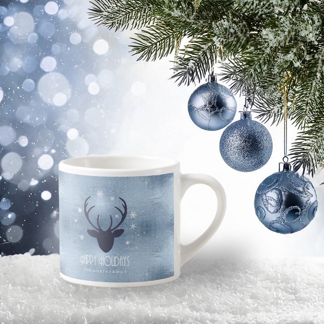Xícara De Espresso Deer Antlers Silhouette & Snowflakes Blue ID861 (Criador carregado)