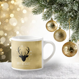 Xícara De Espresso Deer Antlers Silhouette & Snowflakes Dourado ID861