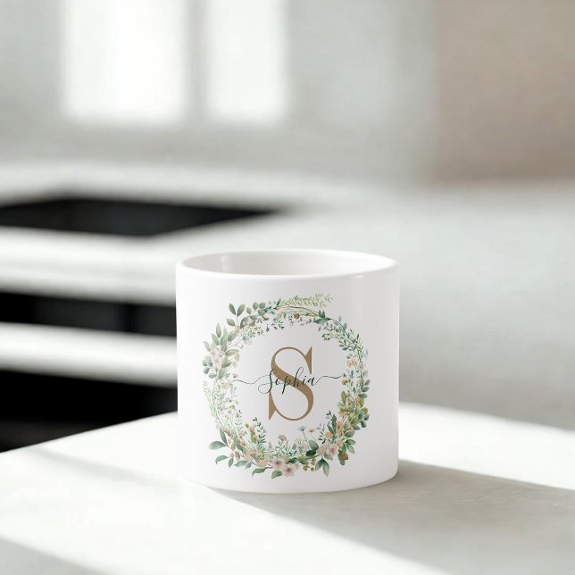 Xícara De Espresso Elegant Botanical Monogram Espresso Mug with Name (Criador carregado)