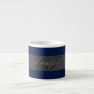 Xícara De Espresso Elegante Rótulo Monograma Azul Escuro Cinza & Dour