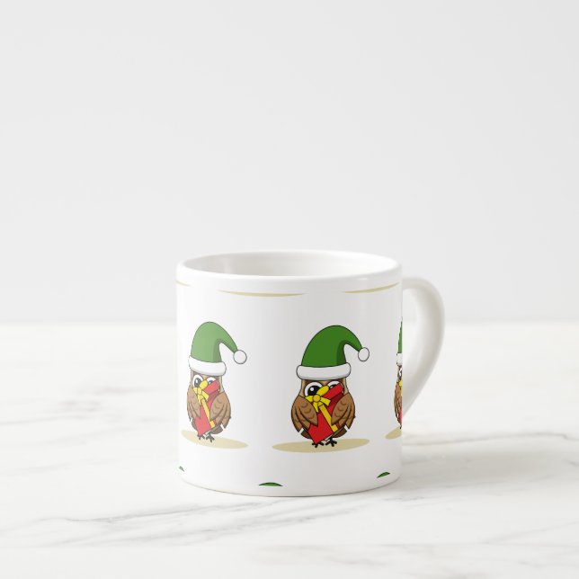 Xícara De Espresso Elf Owl de Natal com Presente (Frente Esquerda)