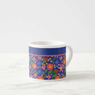 Xícara De Espresso Estilo de Arte Folclórica bonito Floral em Blue Es