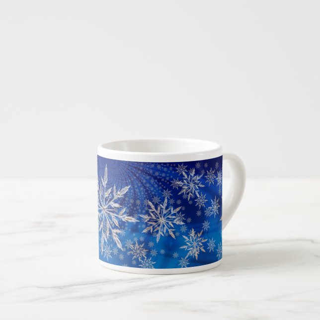 Xícara De Espresso Estrela de Natal Floco de Neve Azul Gelo (Frente Esquerda)