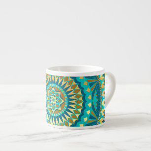 Xícara De Espresso Fantasia de Mandala Dourada Azul
