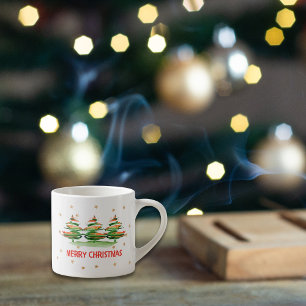 Xícara De Espresso Feliz Natal Árvores Aquarela – Presente de Fim de