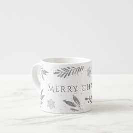 Xícara De Espresso Feliz Natal Prateado, Folhas Prateadas
