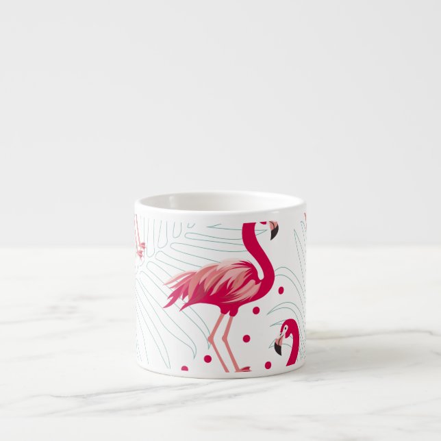 Xícara De Espresso Flamingo tropical e folhas, padrão de verão. (Frente)