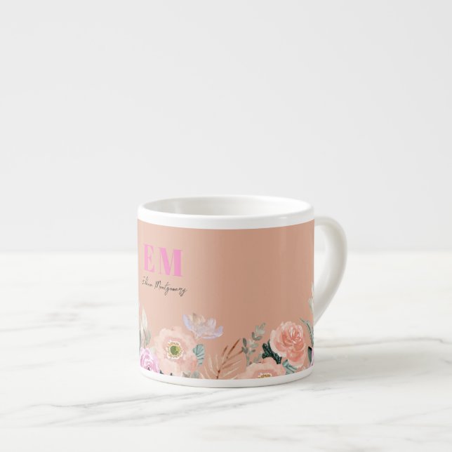 Xícara De Espresso Flor rosa monograma (Frente Esquerda)