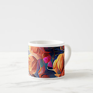 Xícara De Espresso Floral Abstrato Art Laranja Vermelho Azul Flores