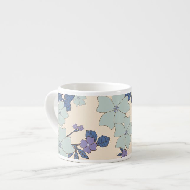 Xícara De Espresso Flores Azuis, Flores Roxas, Padrão Floral (Frente Esquerda)