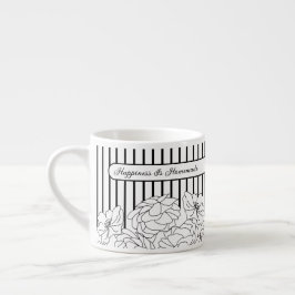 Xícara De Espresso Flores Pretas e Brancas com Listras