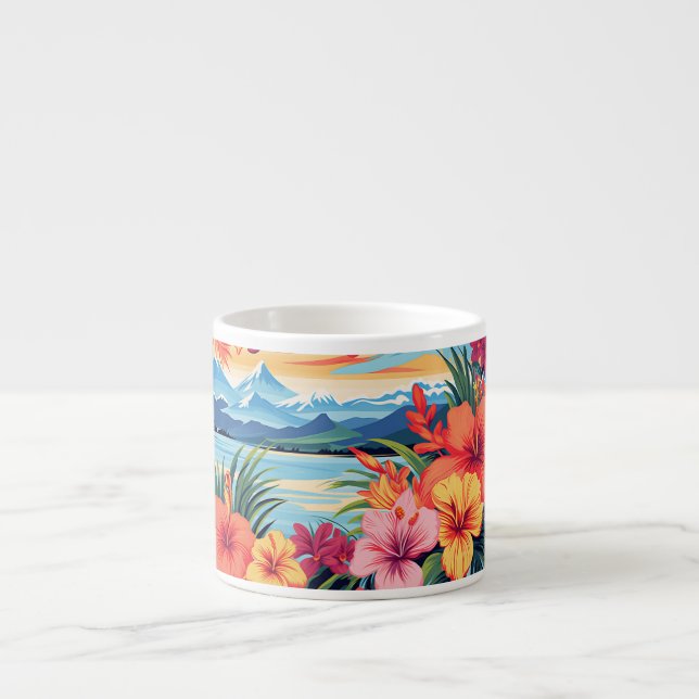 Xícara De Espresso Flores Tropicais Coloridas e Paisagem (Frente)