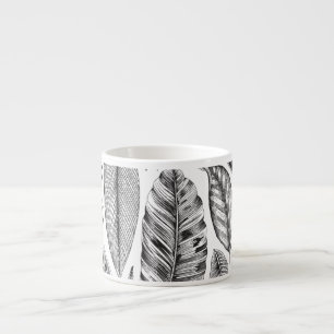 Xícara De Espresso Folhas exóticas, preto e branco floral vintage.