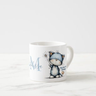 Xícara De Espresso Gato Azul “Para Sempre & Sempre” Desenho de Balão