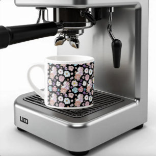 Xícara De Espresso Gato Branco Floral Pastel Botânico Romântico Preto
