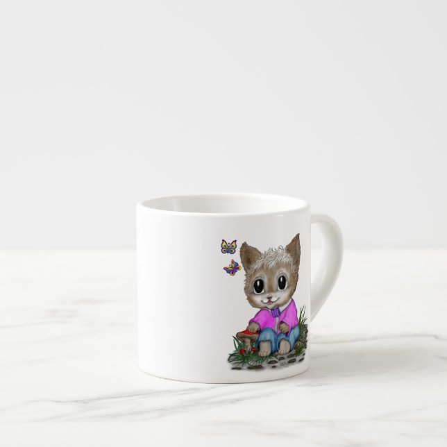 Xícara De Espresso Gato de Gato e Borboleta (Frente Esquerda)