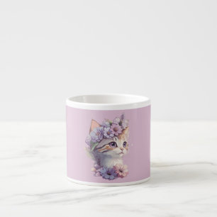 Xícara De Espresso Gato Floral de Aguarela Violeta Fofo