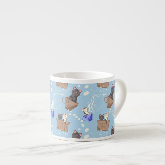 Xícara De Espresso Gatos na caixa e leite cai em azul (Frente Esquerda)