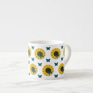 Xícara De Espresso Girassol e Borboleta Azul