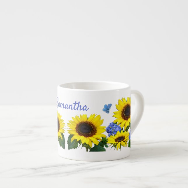 Xícara De Espresso Girassol e Hydrangea Nome personalizado Café Mug (Frente Esquerda)