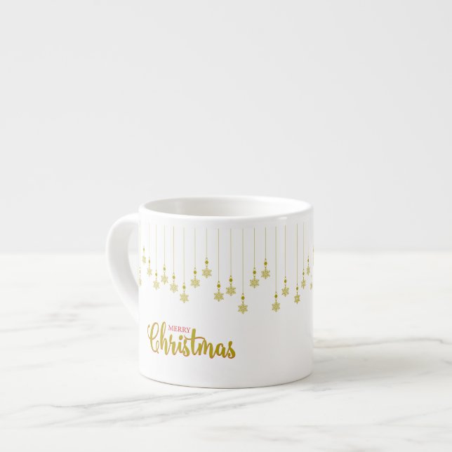Xícara De Espresso Golden Snowflakes with Merry Christmas Quote (Frente Esquerda)