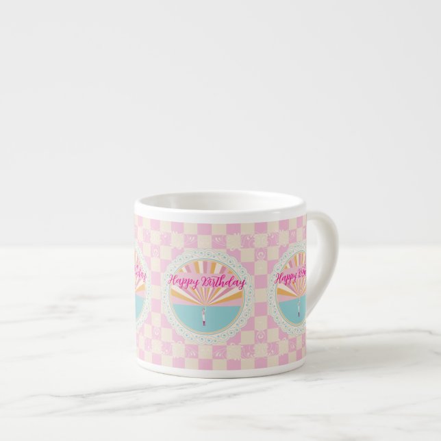 Xícara De Espresso Happy Birthday Fun Mug, Cute Pink Rainbow (Frente Esquerda)