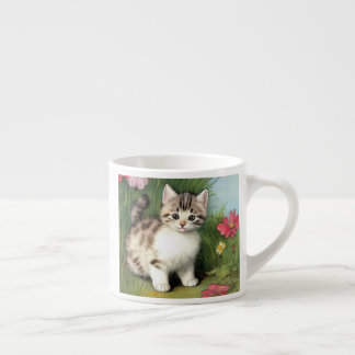 Xícara De Espresso Ilustração de Gato Vintage com Flores Vermelhas