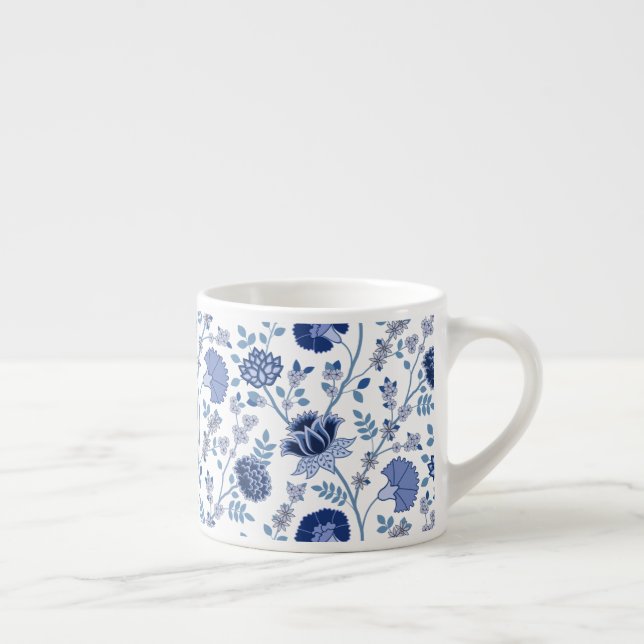 Xícara De Espresso Jacobean Floral Big Pattern Blues em Branco (Direita)