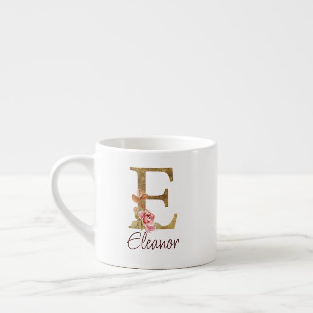 Xícara De Espresso Letra de Nome Personalizado E Dourado com Rosas Co (Esquerda)