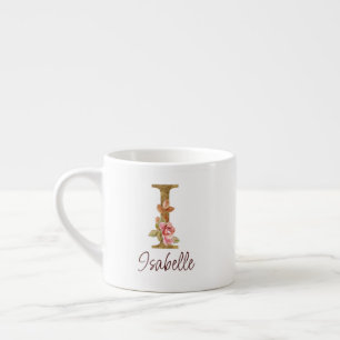 Xícara De Espresso Letra de Nome Personalizado I Rosas Rosa Bege com 