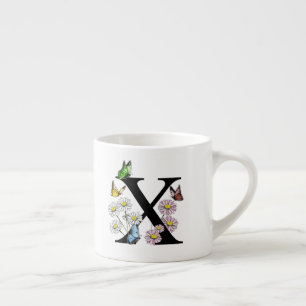 Xícara De Espresso Letra X Floral Borboleta Monograma Inicial    
