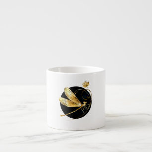Xícara De Espresso libélula ouro em círculo preto