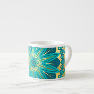 Xícara De Espresso Mandala Flor de Ouro Azul