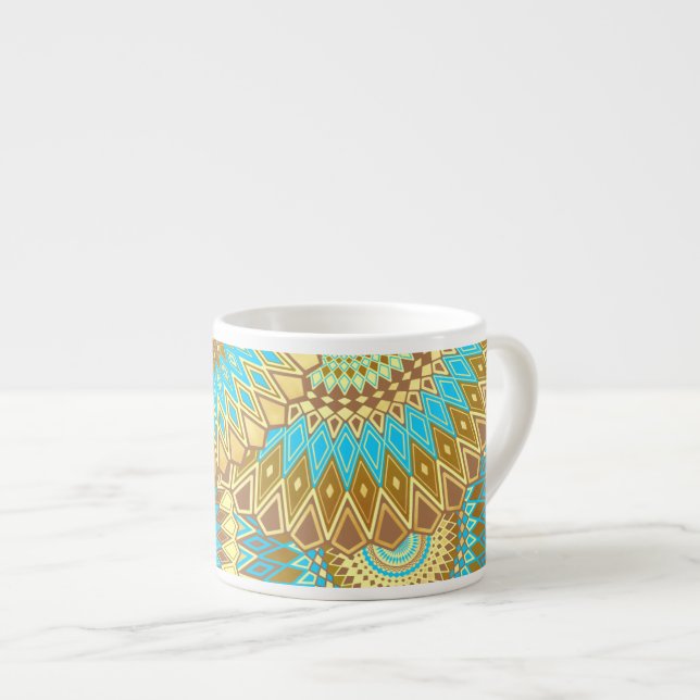 Xícara De Espresso Mandala Sobreposta Azul Marrom Dourado (Frente Esquerda)