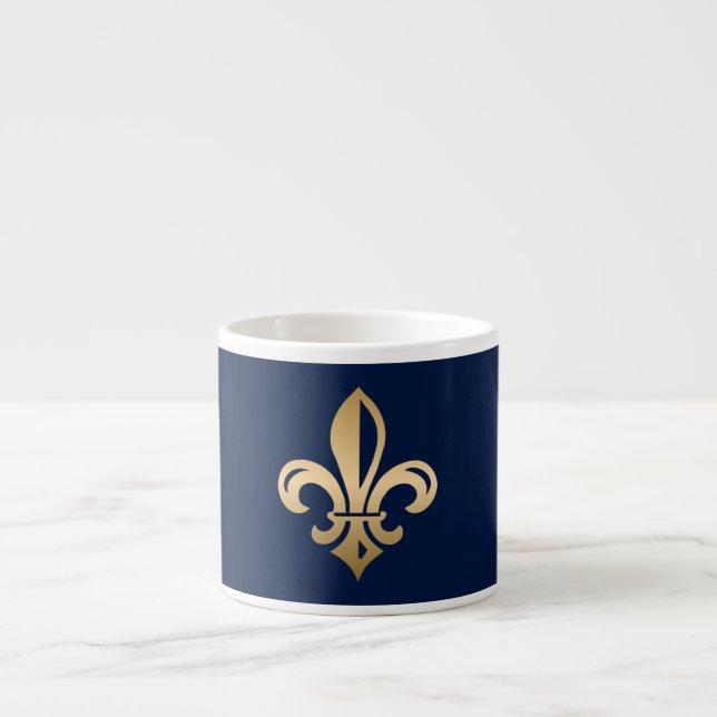 Xícara De Espresso Marinho Luxuoso Dourado Fleur de Lis (Frente)