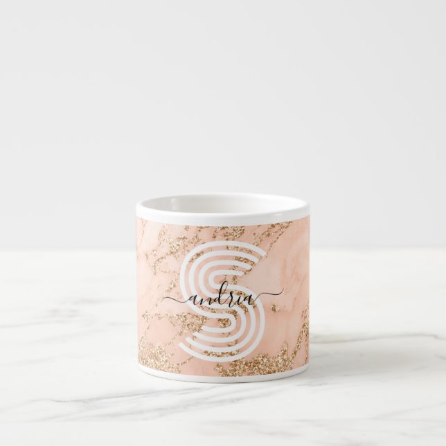 Xícara De Espresso Mármaco com brilho Dourado rosa, nome do script Wh (Frente)