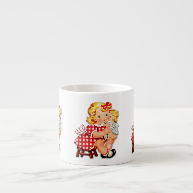 Xícara De Espresso Menina retrô vintage boneca criança (Frente)