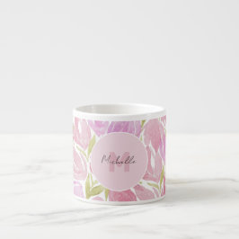 Xícara De Espresso Monograma Aquarela Rosa Fúcsia Floral