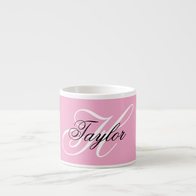 Xícara De Espresso Monograma Chique Preto e Branco Rosa (Frente)