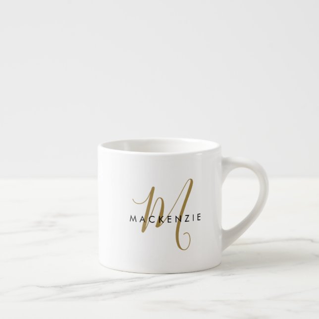 Xícara De Espresso Monograma de Script Dourado Branco Moderno Elegant (Direita)