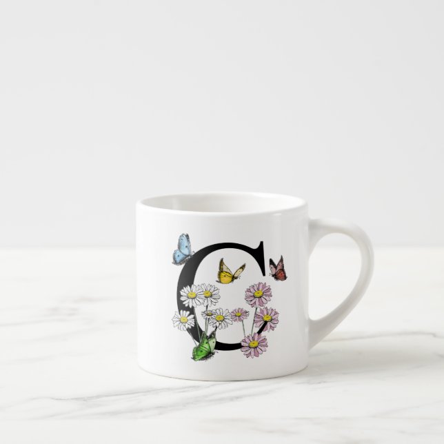 Xícara De Espresso Monograma Inicial Floral Borboleta Letra C     (Direita)